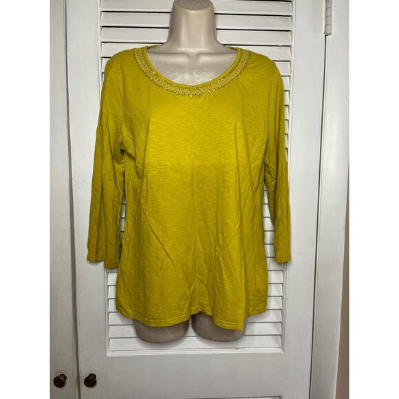 Coldwater Creek Tops - Coldwater Creek gold slub fabric embellished neckline top M Excellent Fancy